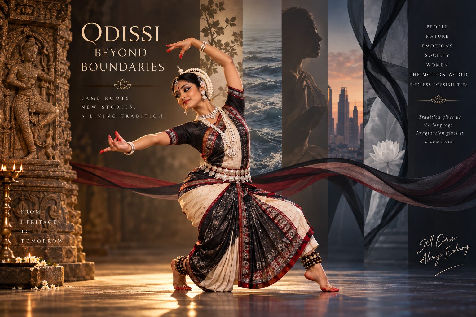 Odissi dancer in a deep pose between a temple carving and panels showing the sea, a city and a lotus
